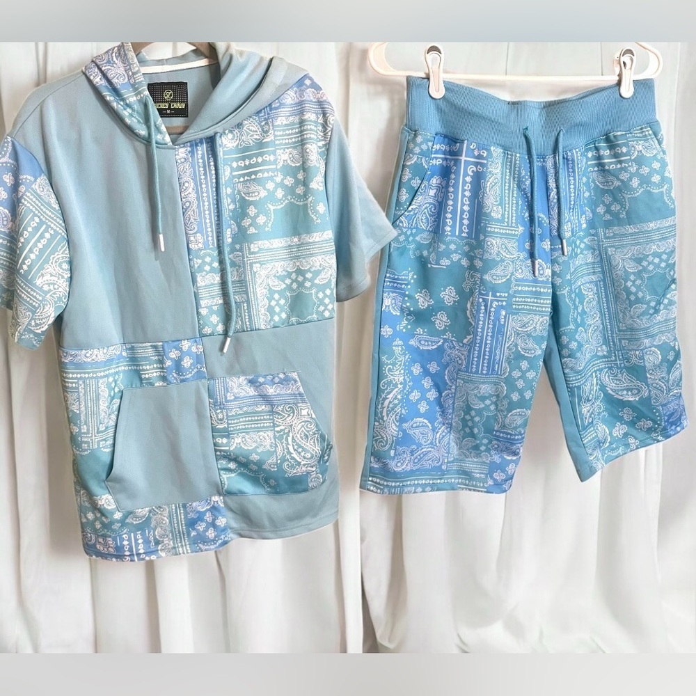 Sacred Crown Blue Bandana Paisley Patchwork Hoodie & Matching Sweat Shorts Med